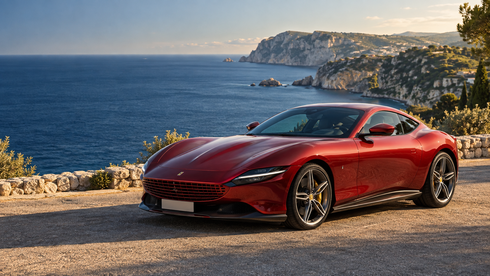 Illustrative cherry-red Ferrari Roma on a sunlit Mediterranean coastal road